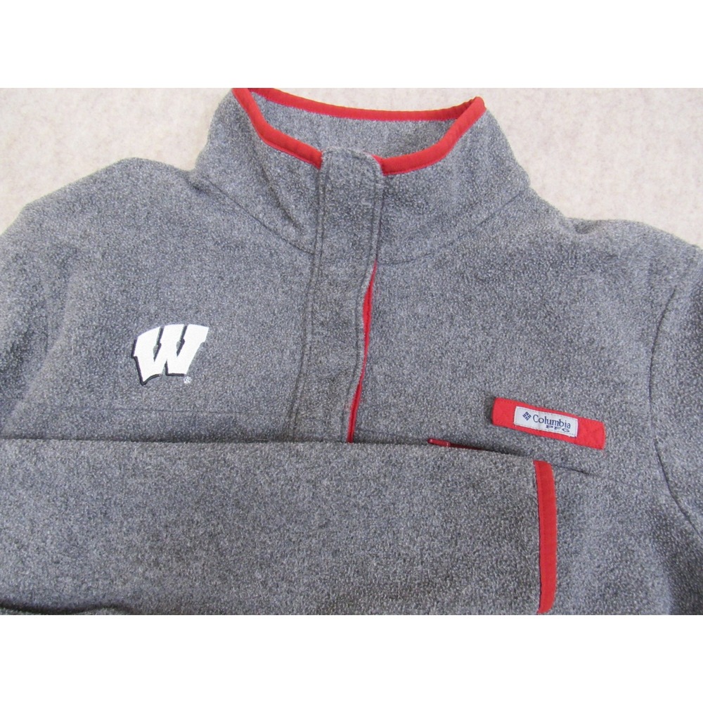 Columbia‎ PFG Wisconsin Badgers Fleece Pullover Gray Red Snap Mens Large